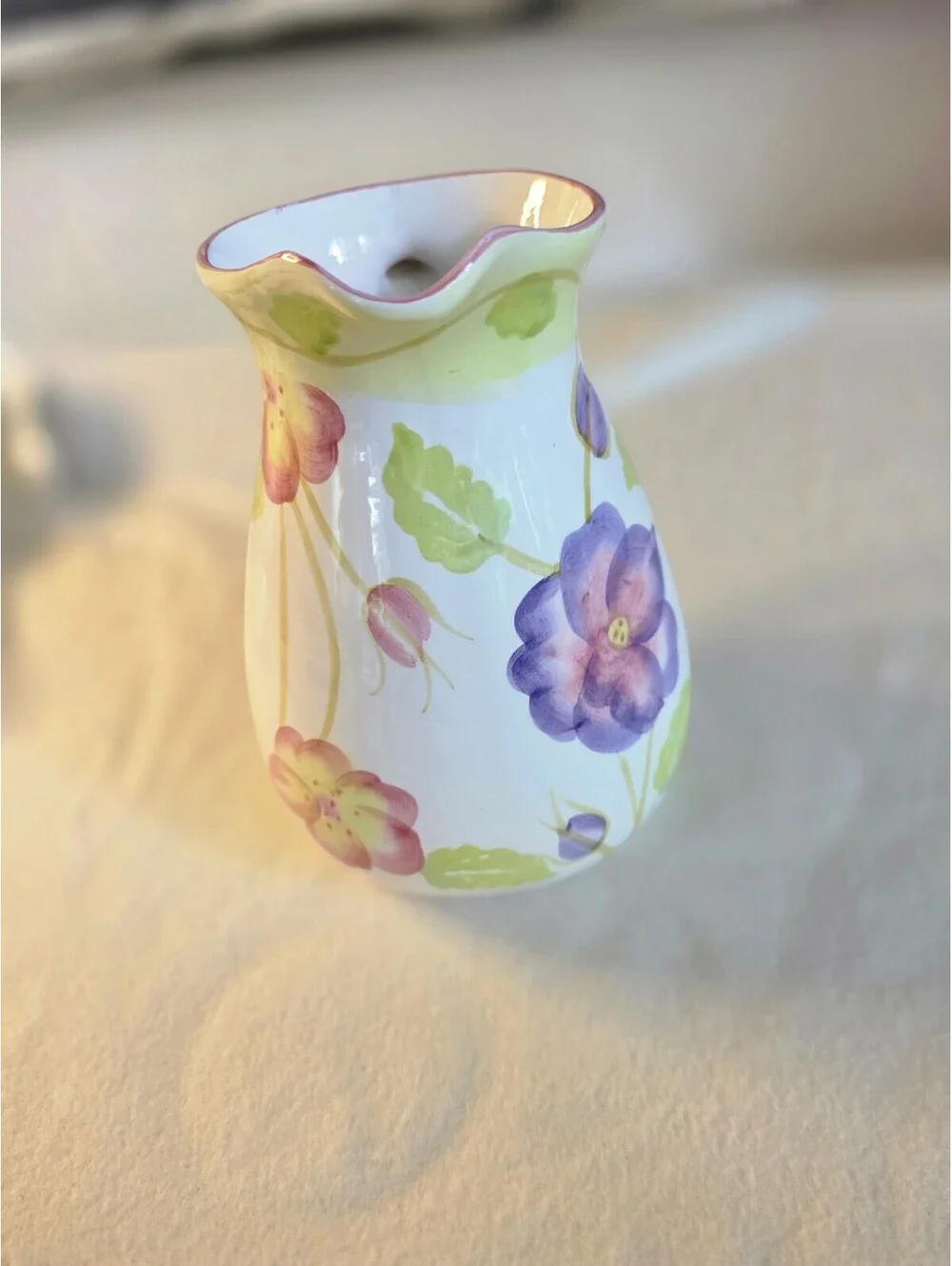 Hand Painted Floral Ceramic Pitcher Vase Pink Purple Green Flowers 7 Inch